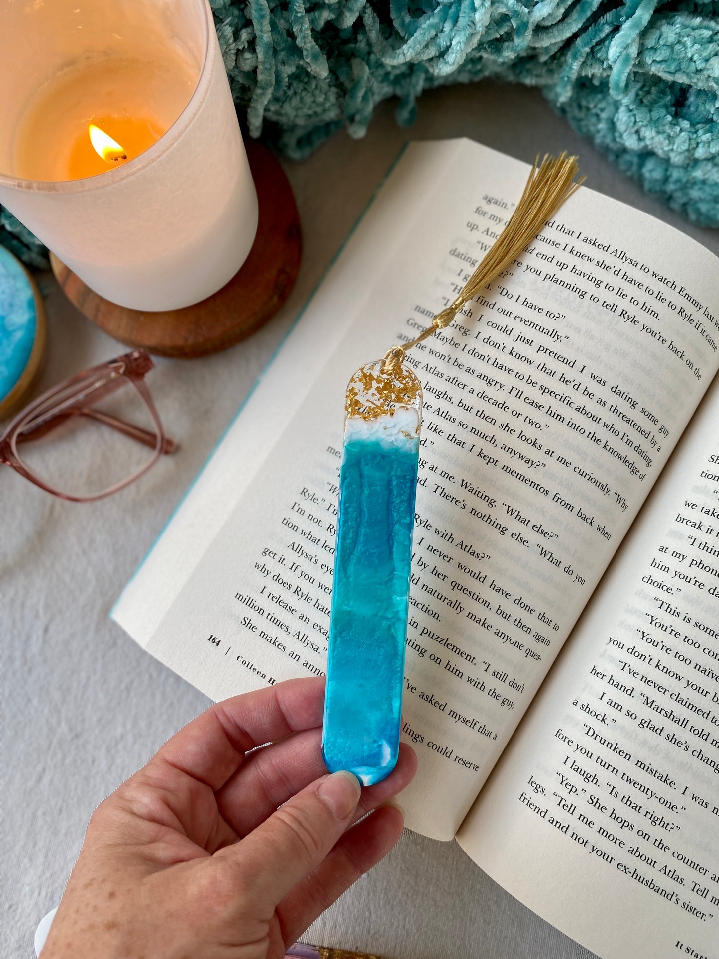 BOOKMARK - created in teal resin with gold flakes
