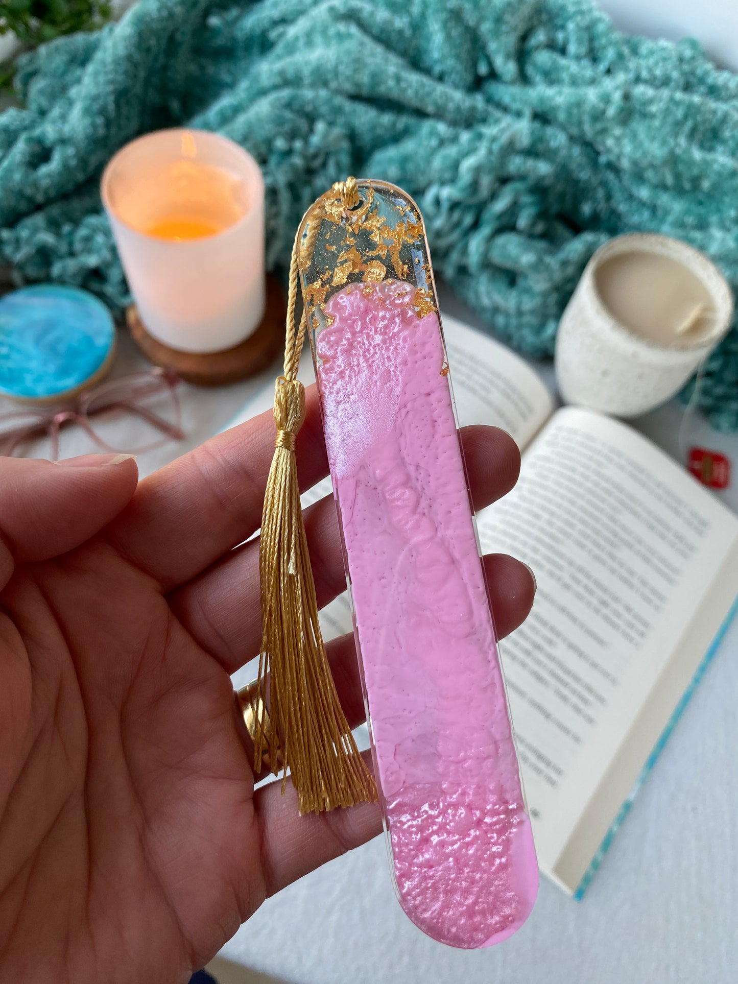 BOOKMARK - created in pink resin with gold flakes