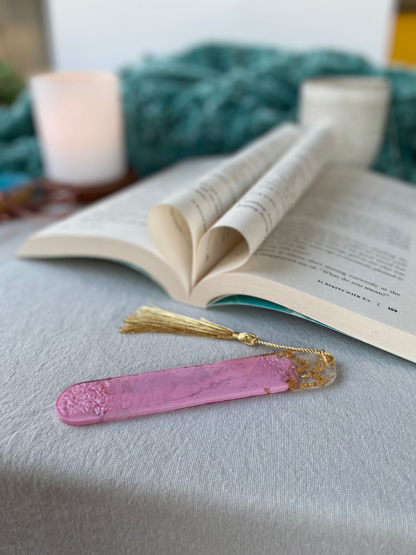 BOOKMARK - created in pink resin with gold flakes
