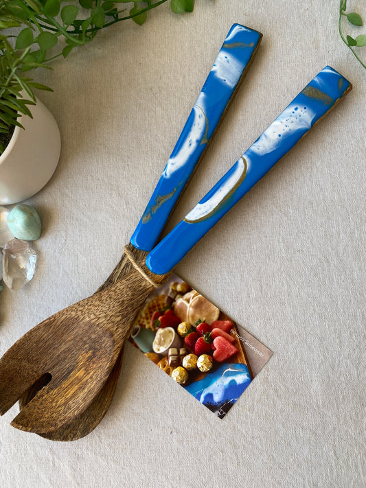 Salad servers - blue, white and gold - ready to post