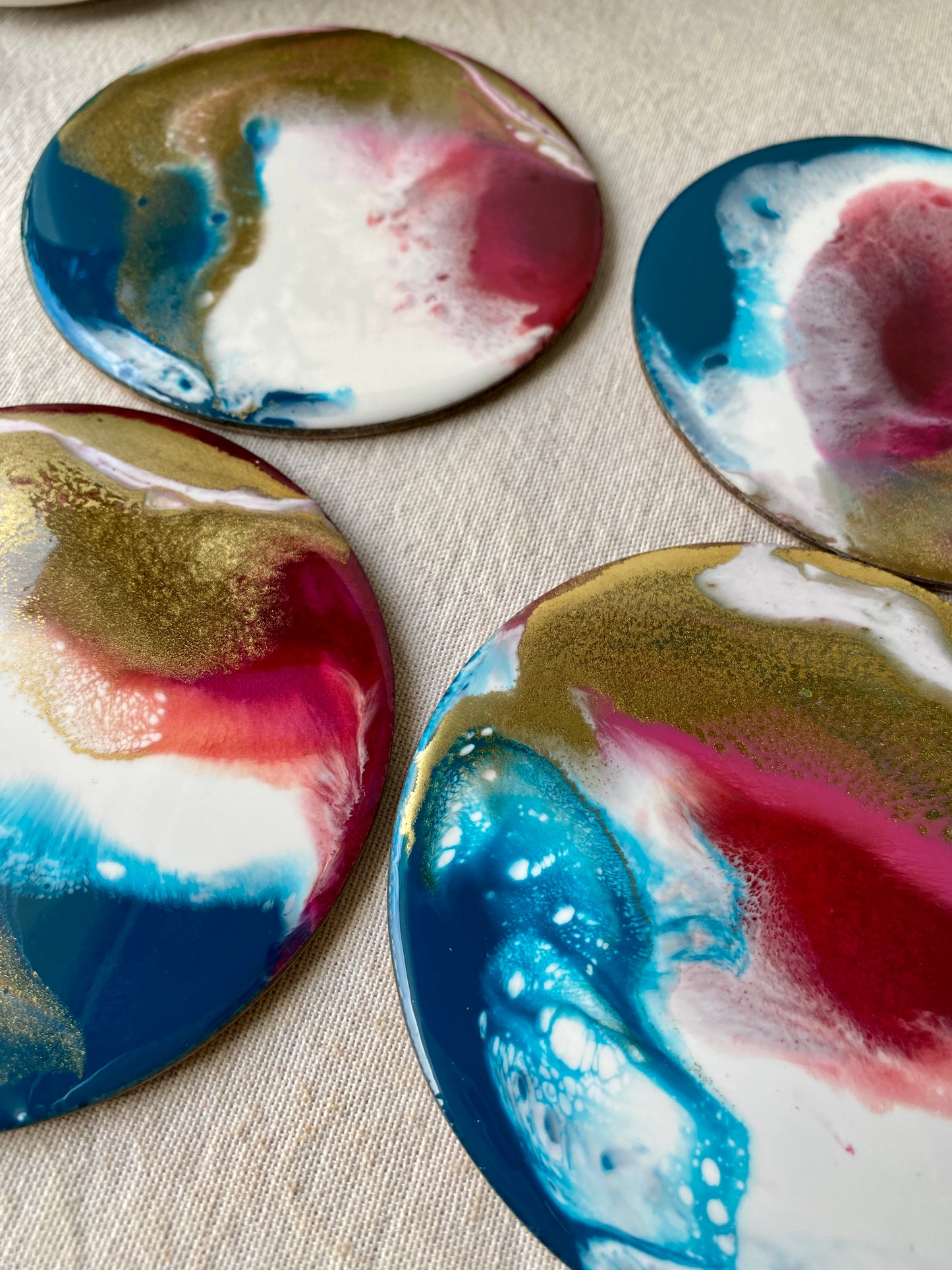 Resin art coasters - teal, pink and gold, set of 4 - READY TO POST