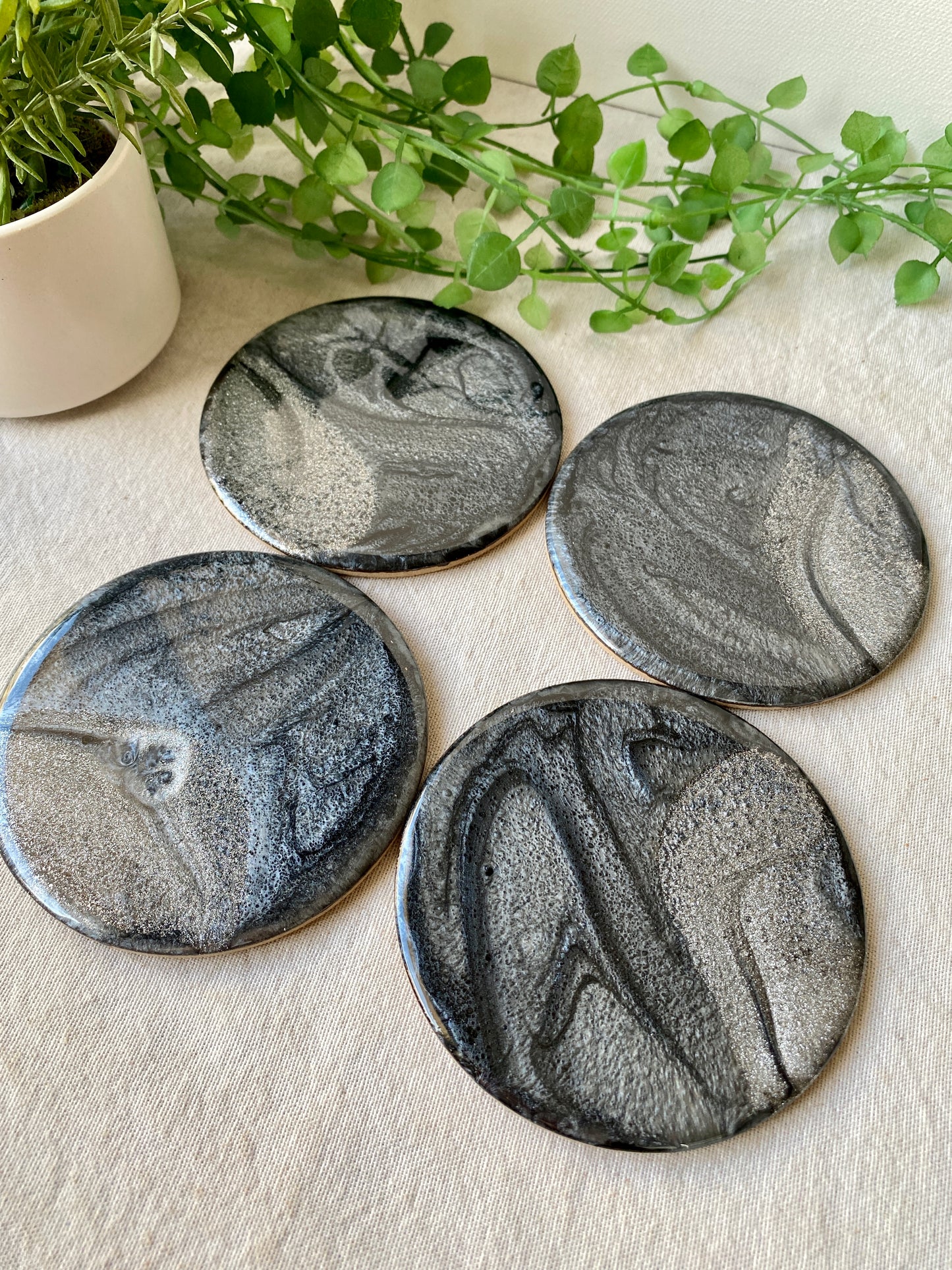 Metallic monochrome resin art coasters - set of 4 - READY TO POST