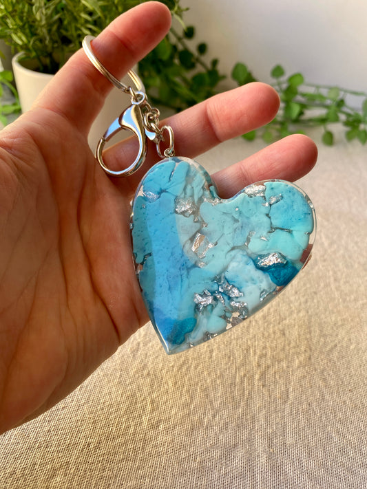 Heart keyring - aqua with silver flakes - READY TO SHIP