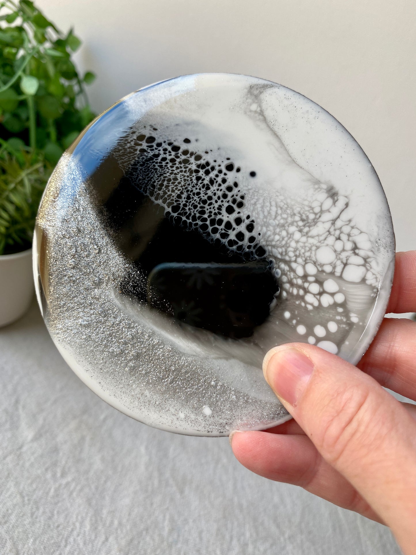 Resin art coasters - black, white and silver, set of 4 - READY TO POST