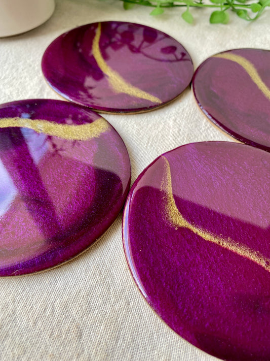 Resin art coasters - purple and gold, set of 4 - READY TO POST