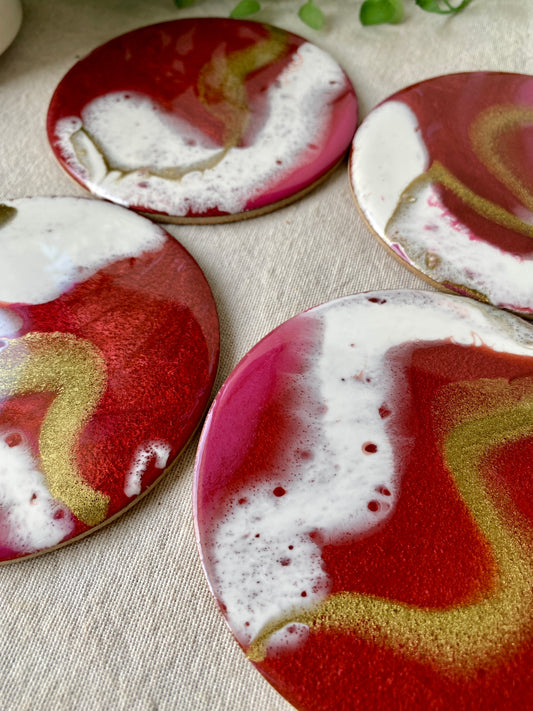 Resin art coasters - metallic red, white and gold, set of 4 - READY TO POST
