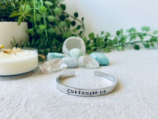 CUSTOM RESINATING WORDS - hand stamped ladies cuff bangle with your choice of words - Font 2