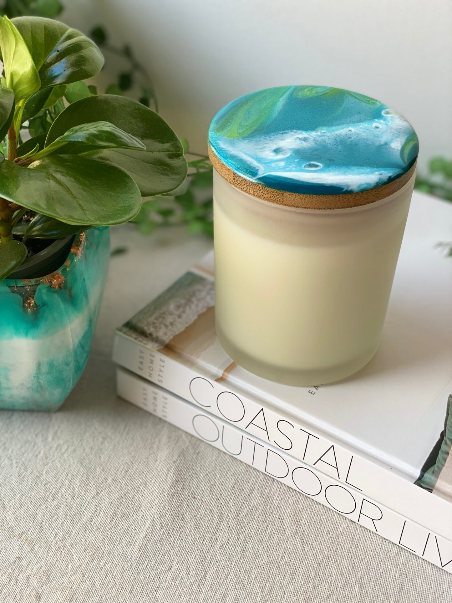 RESINATING CANDLE- hand poured pure soy candle with resin art decorated lid - LOCAL PICK UP ONLY