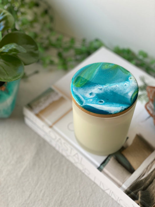 RESINATING CANDLE- hand poured pure soy candle with resin art decorated lid - LOCAL PICK UP ONLY