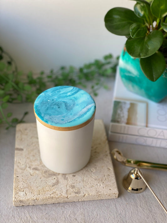 RESINATING CANDLE- hand poured pure soy candle with resin art decorated lid - LOCAL PICK UP ONLY