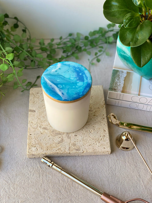 RESINATING CANDLE- hand poured pure soy candle with resin art decorated lid - LOCAL PICK UP ONLY
