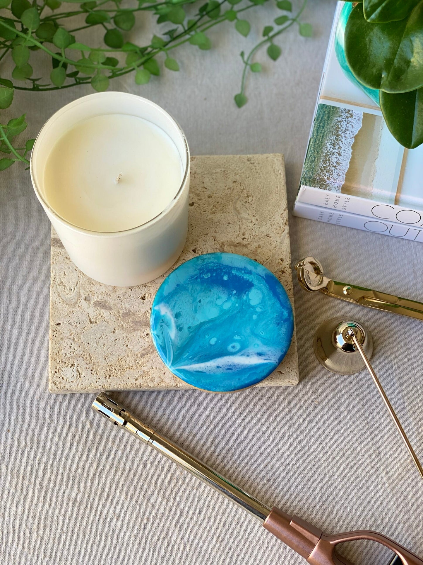 RESINATING CANDLE- hand poured pure soy candle with resin art decorated lid - LOCAL PICK UP ONLY